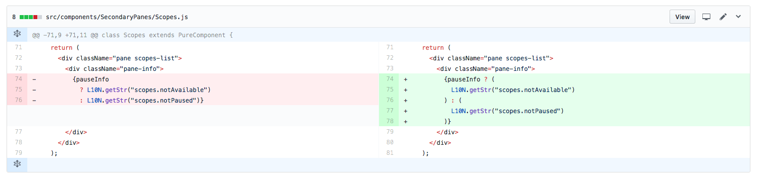 GitHub Diff showing a ternary containing internationalization strings appearing inside a JSX element being converted to use JSX-mode style ternaries